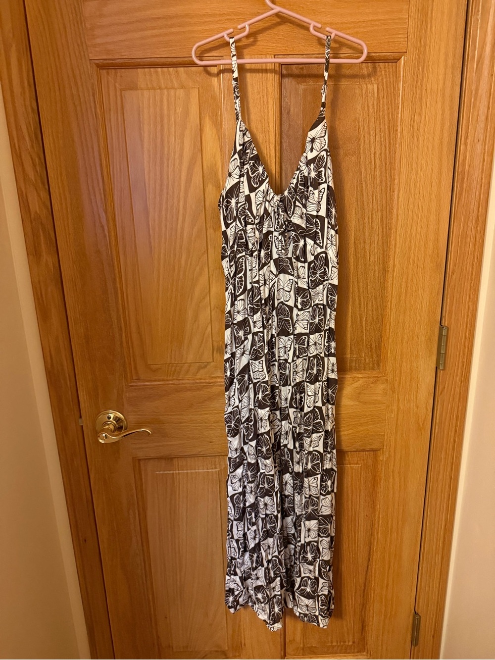 Brown & White Butterfly Patterned Spaghetti-Strap Maxi Dress